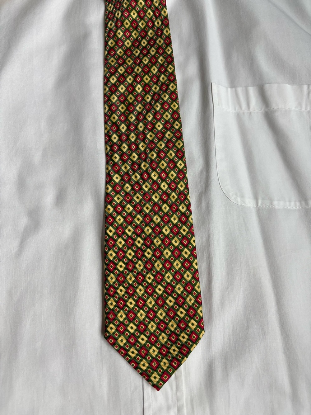 Etro Olive Green Silk Tie with Red and Gold Diamond Motif